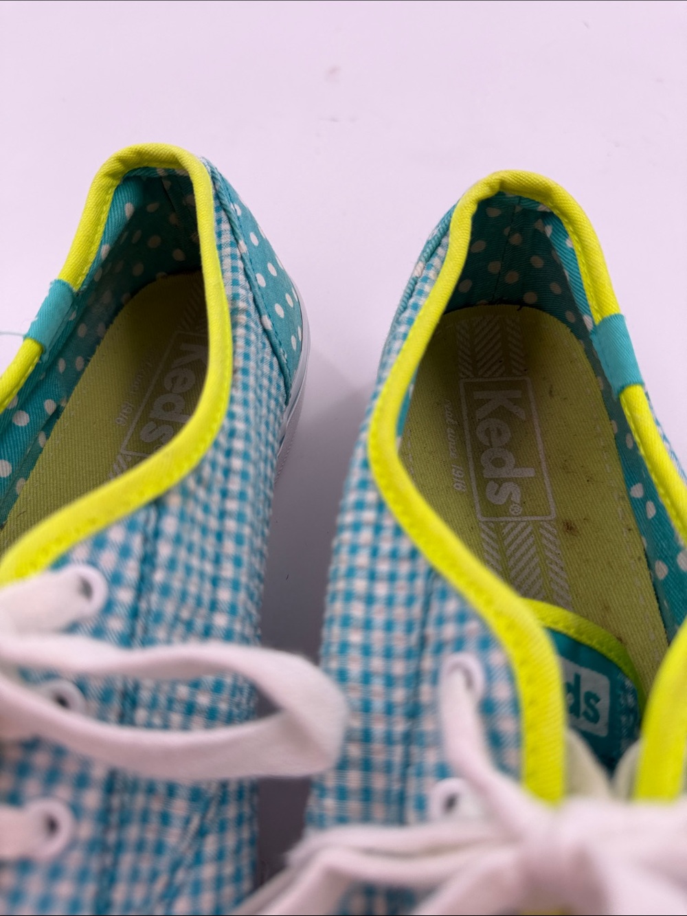 Keds Double Dutch Teal Polka Dot & Gingham Sneakers Neon Lime Trim Women's 6.5 - Picture 13 of 16